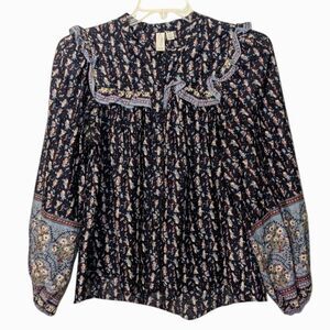 Women's JOIE Blue Prairie Peasant Boho Ruffled Ditzy Floral Cottagecore Shirt M‎